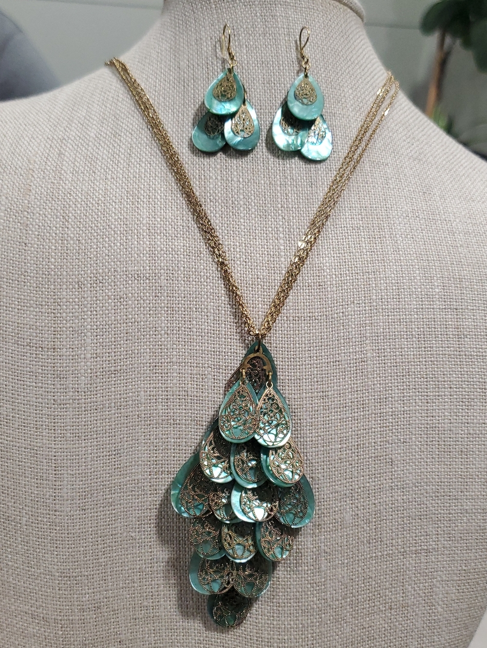 Gold & Teal Layered Teardrop Necklace by